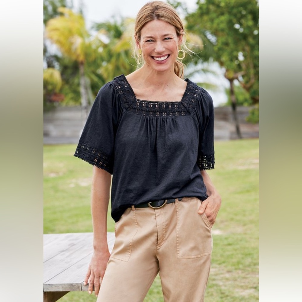 NWT Soft Surroundings Black Blouse. Crocheted | Lace | Classic | Women’s Sz-L